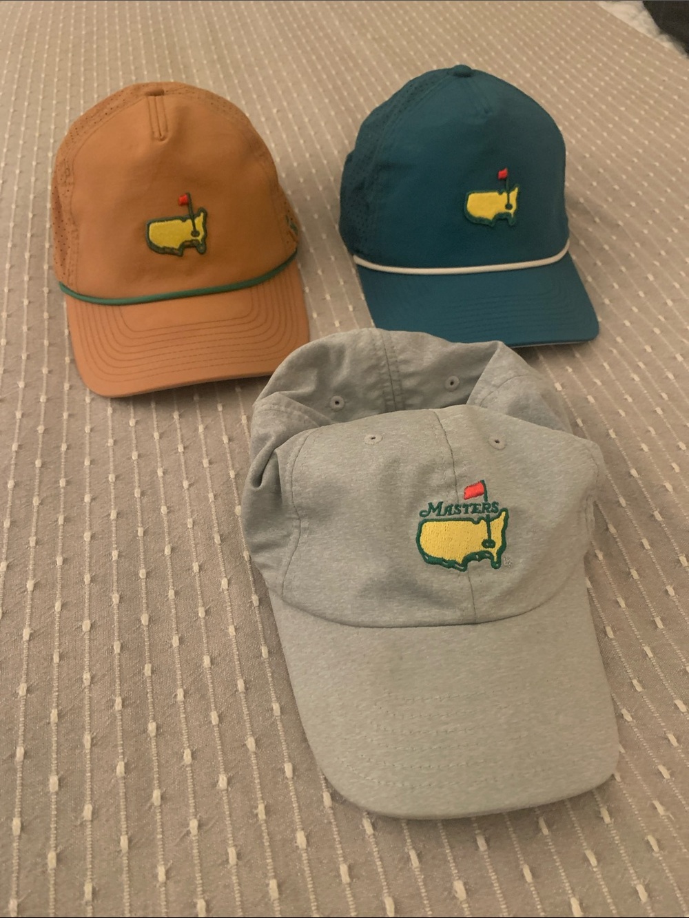 Masters Trio of Embroidered American Needle Logo Caps in Gray, Green, and Tan